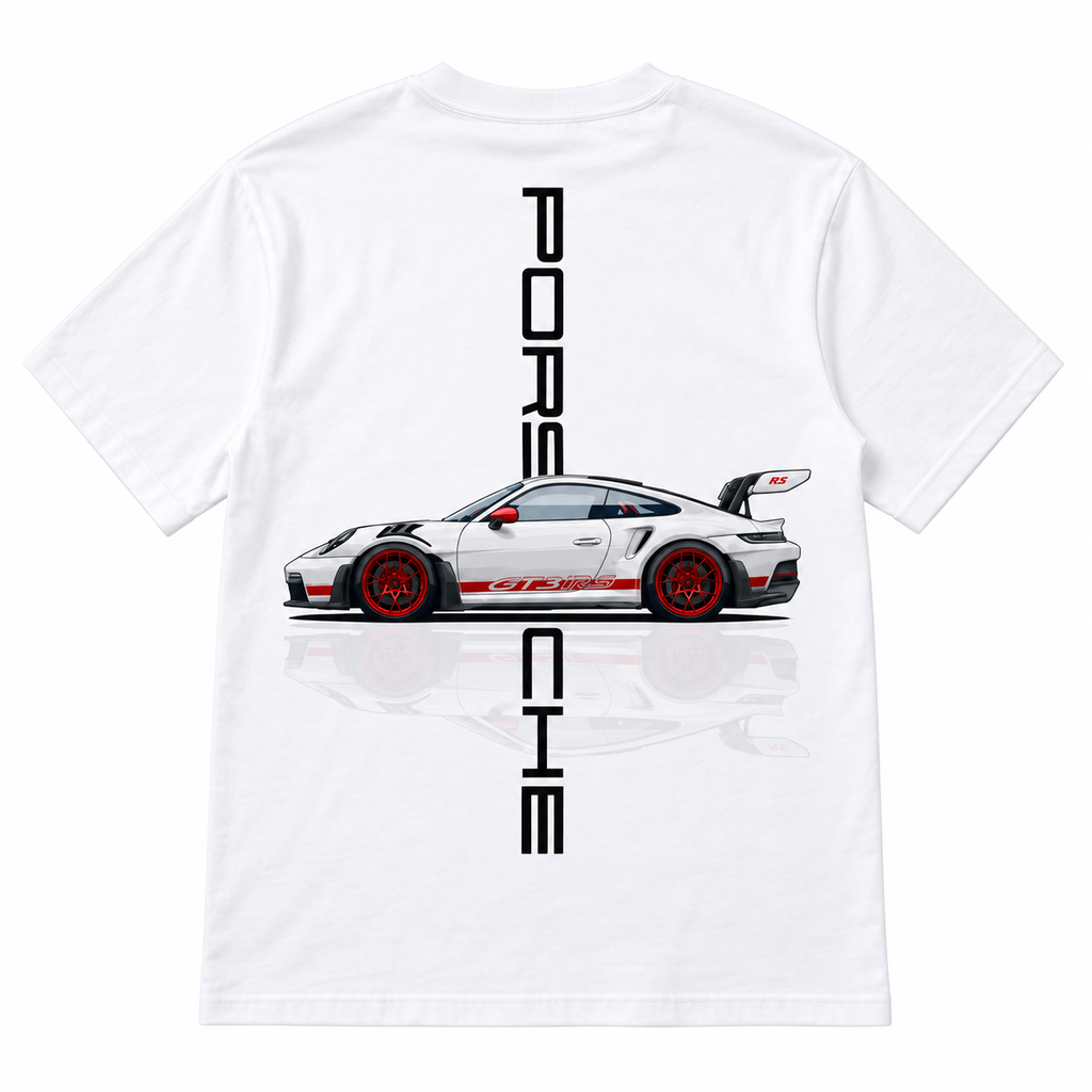 Camiseta Porsche GT3 RS Blanca – Diseño Trasero Automotriz