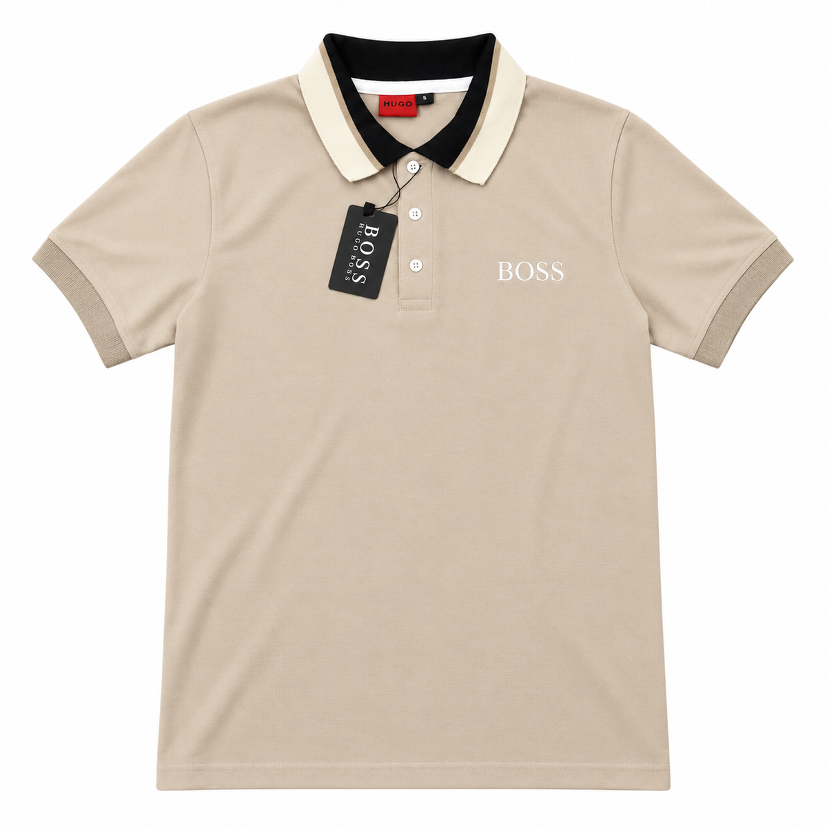 Polo BOSS Beige con Cuello Negro – Manga Corta
