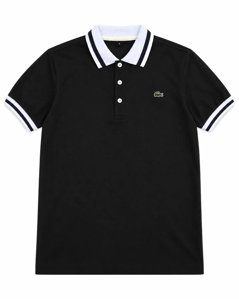 Polo Lacoste Negra con Detalles Blancos – Manga Corta